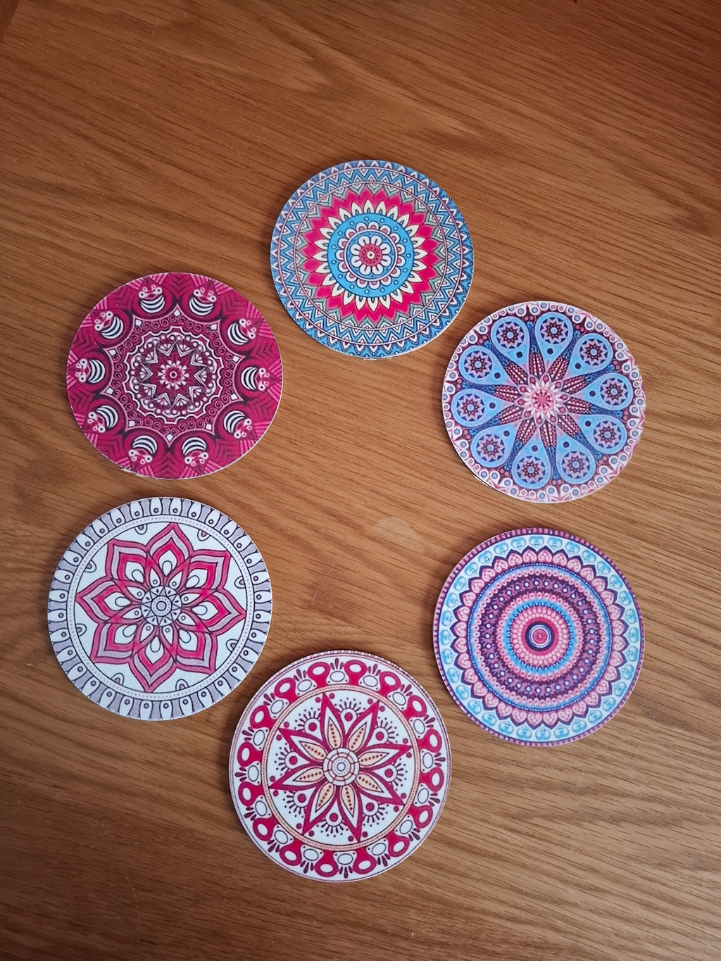 Boho Gift for Her – Pink Mandala Wooden Coaster Set of 6 | Quirky Home Décor