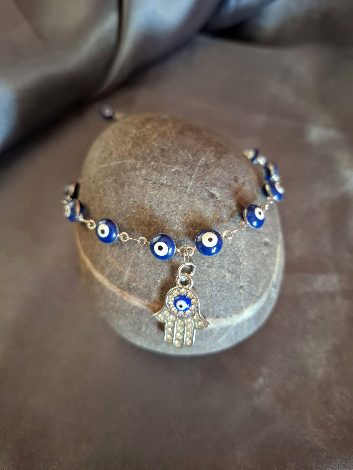 Silver Evil Eye Adjustable Anklet With Rhinestones