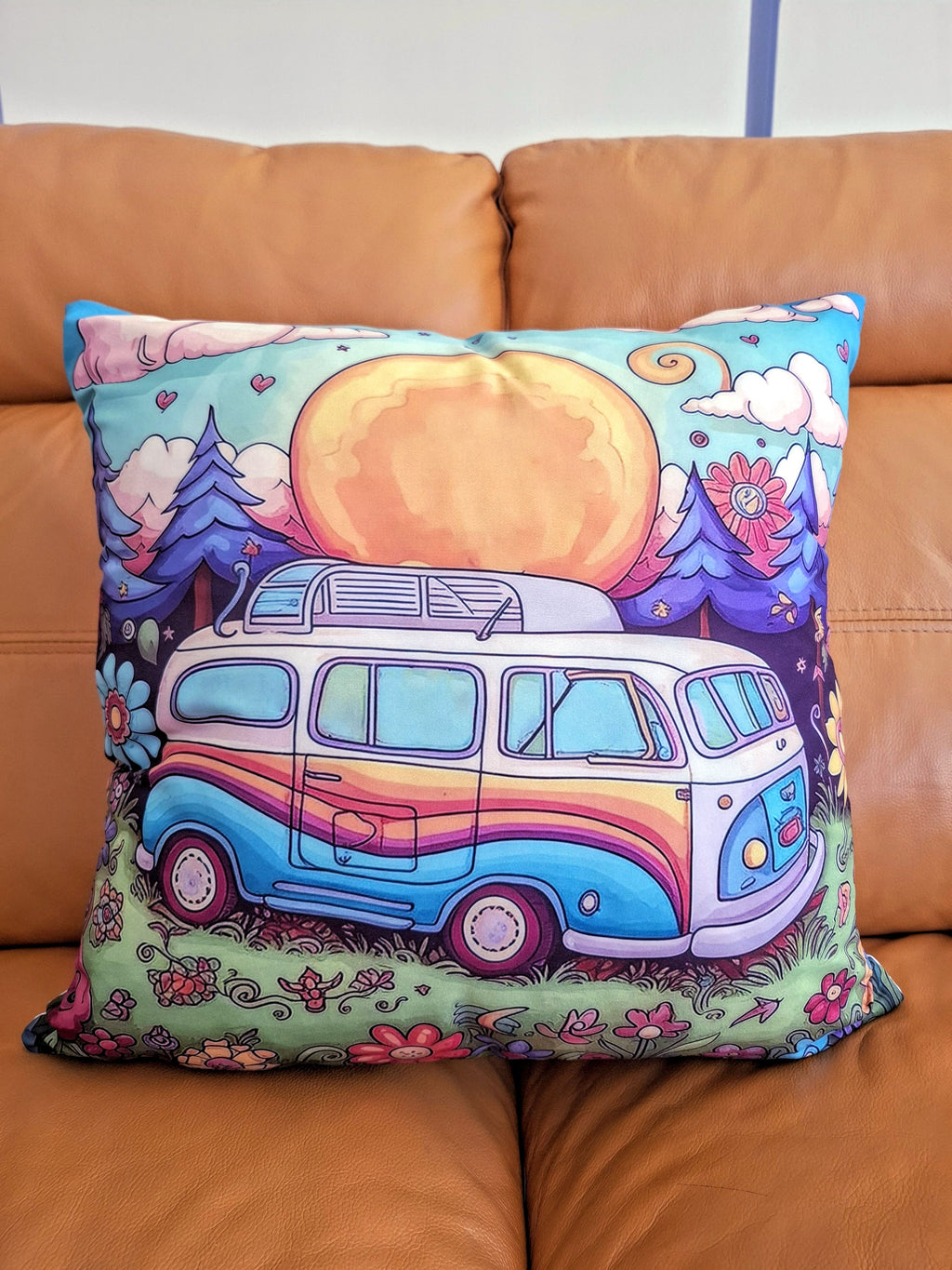 Colourful Hippy Theme Campervan Print Cushion Cover 45x45cm