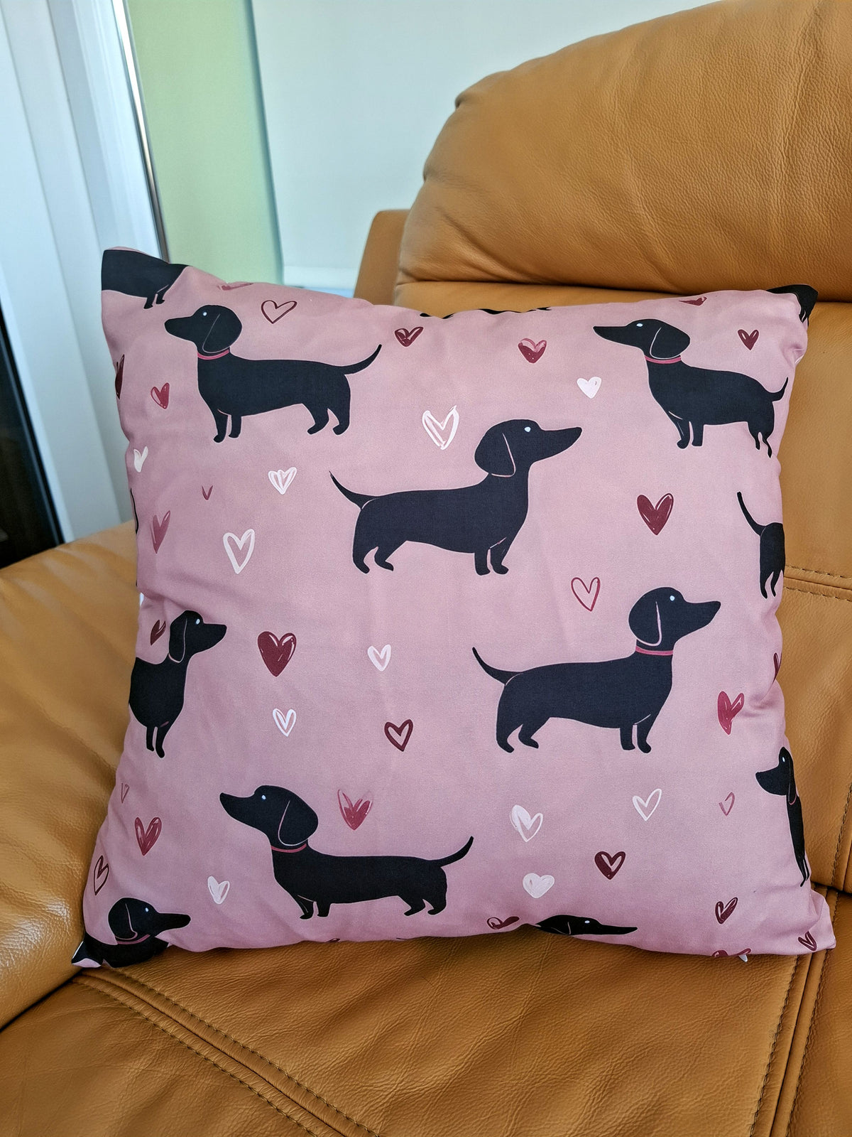 Dachshund Print Cushion Cover with Pink Background 45x45cm