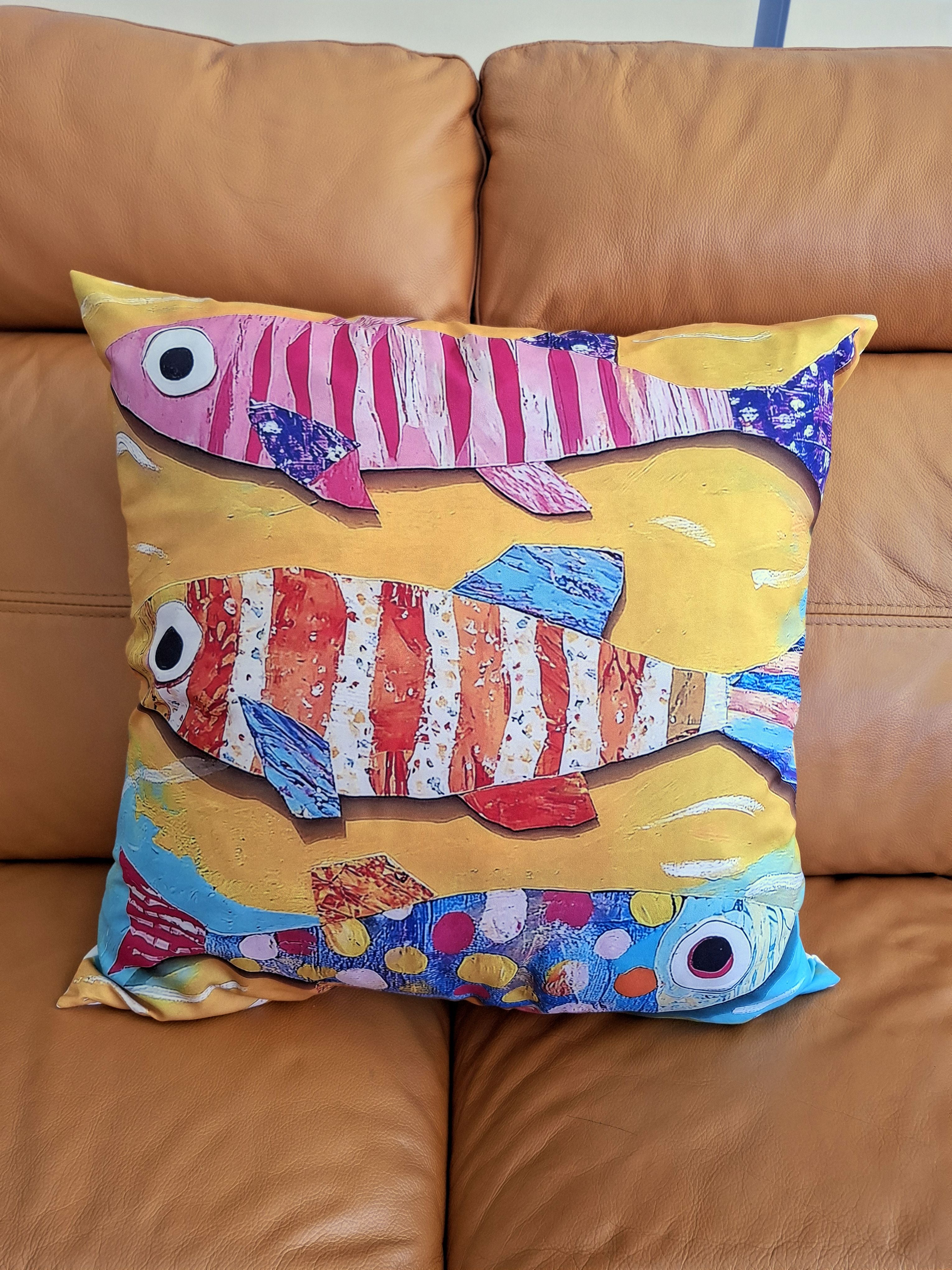 Yellow Cushion Cover with Colourful Abstract Fish Print 45x45cm