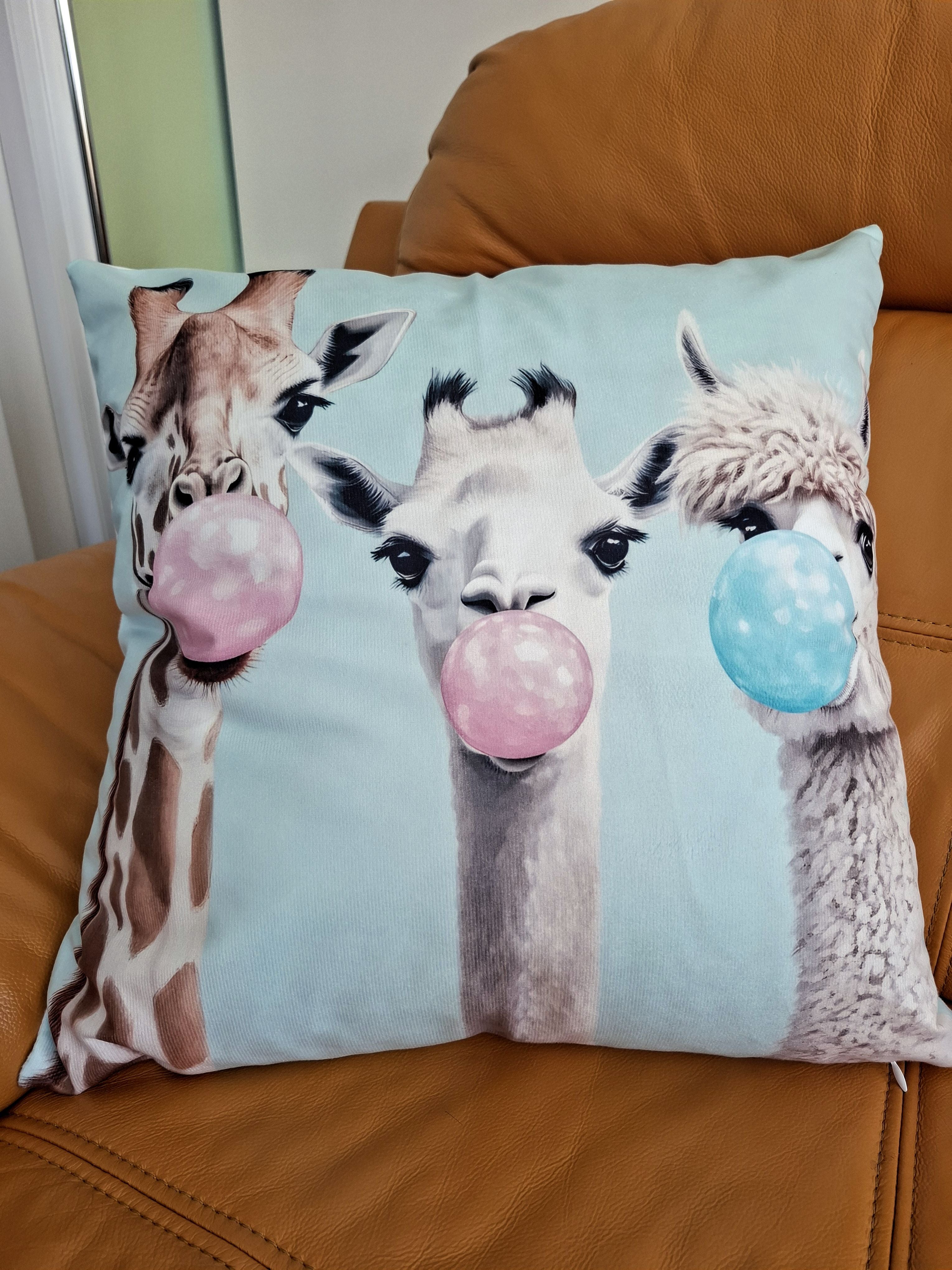 Giraffe, Llama and Alpaca Blowing Bubblegum Print Cushion Cover 45x45cm