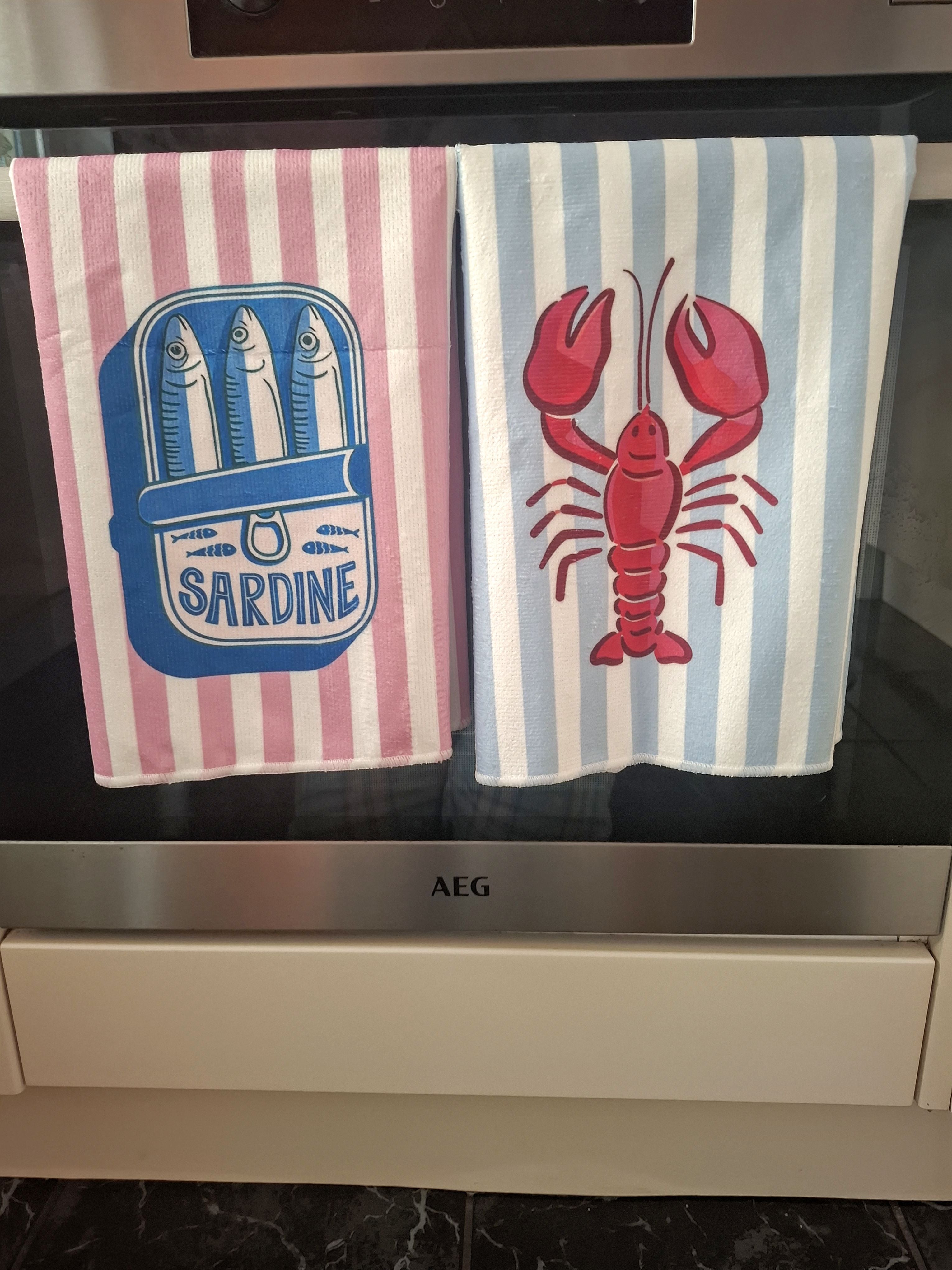 Pink & Blue Lobster and Sardine Design Microfibre Tea Towels - Pack of 2