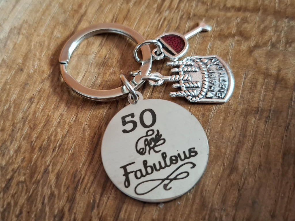 50 and Fabulous Keyring With a Wine Glass and Birthday Cake Charm