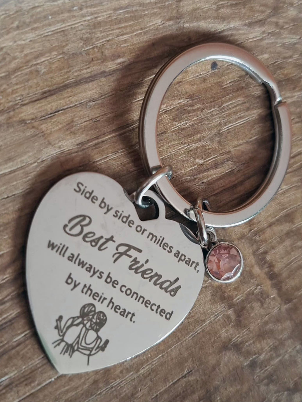 Side by Side or Miles Apart, Best Friends Will Always Be Connected by Their Heart Love Heart Shaped Keyring With Pink Jewel Charm