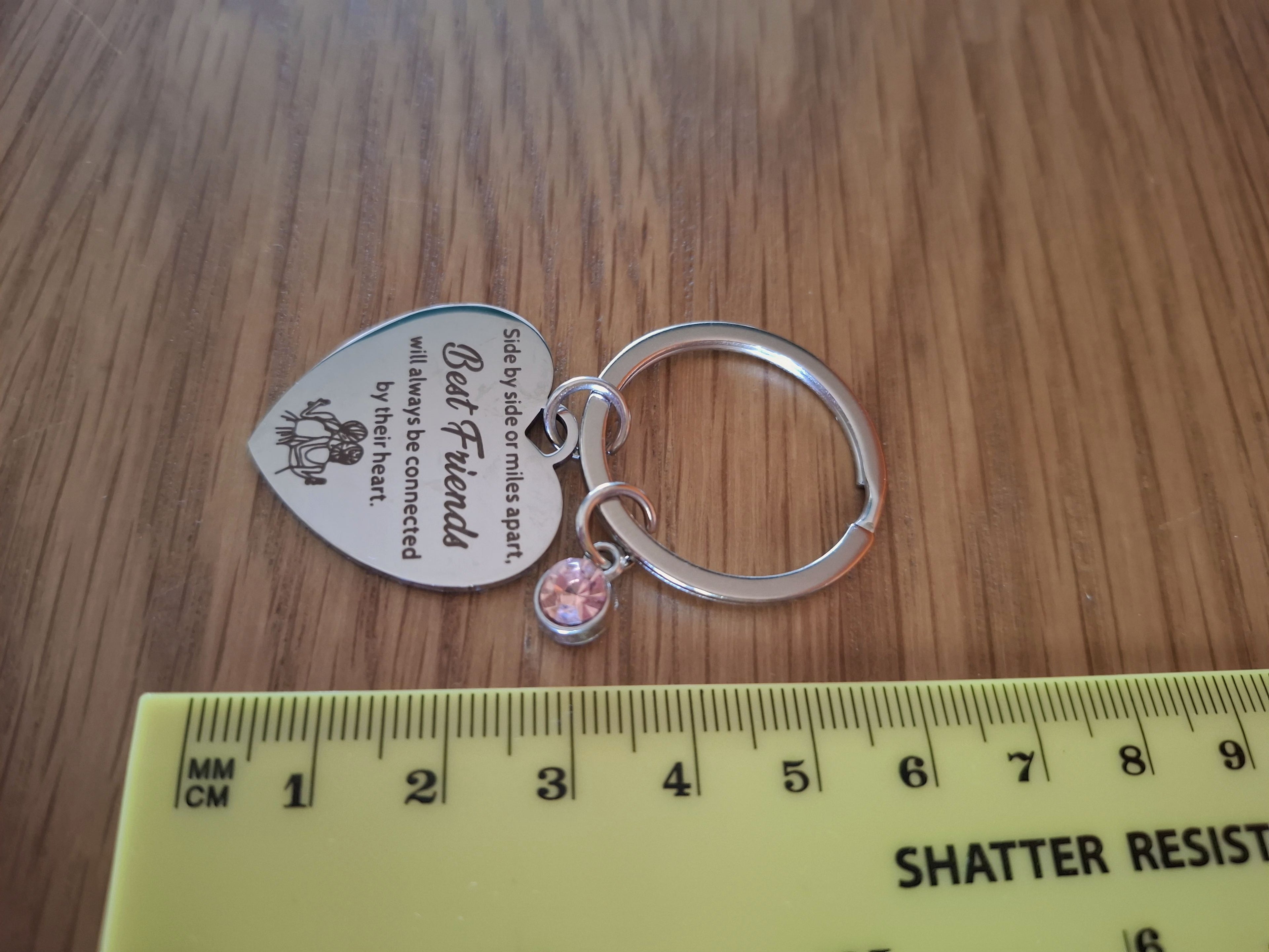 Side by Side or Miles Apart, Best Friends Will Always Be Connected by Their Heart Love Heart Shaped Keyring With Pink Jewel Charm