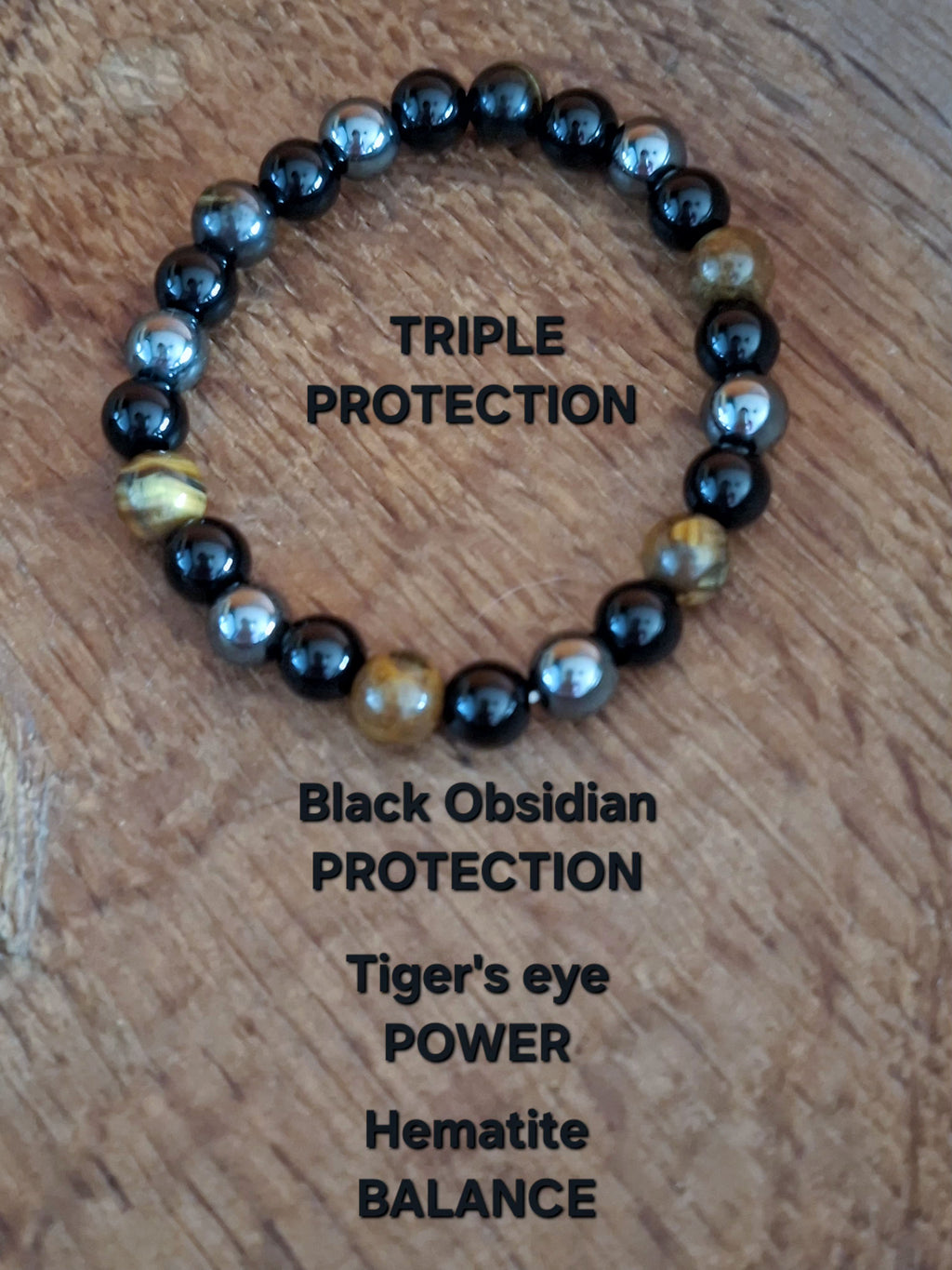 Black Obsidian, Tiger Eye and Hematite Natural Stone Triple Protection Bracelet
