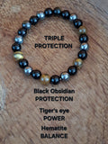 Black Obsidian, Tiger Eye and Hematite Natural Stone Triple Protection Bracelet