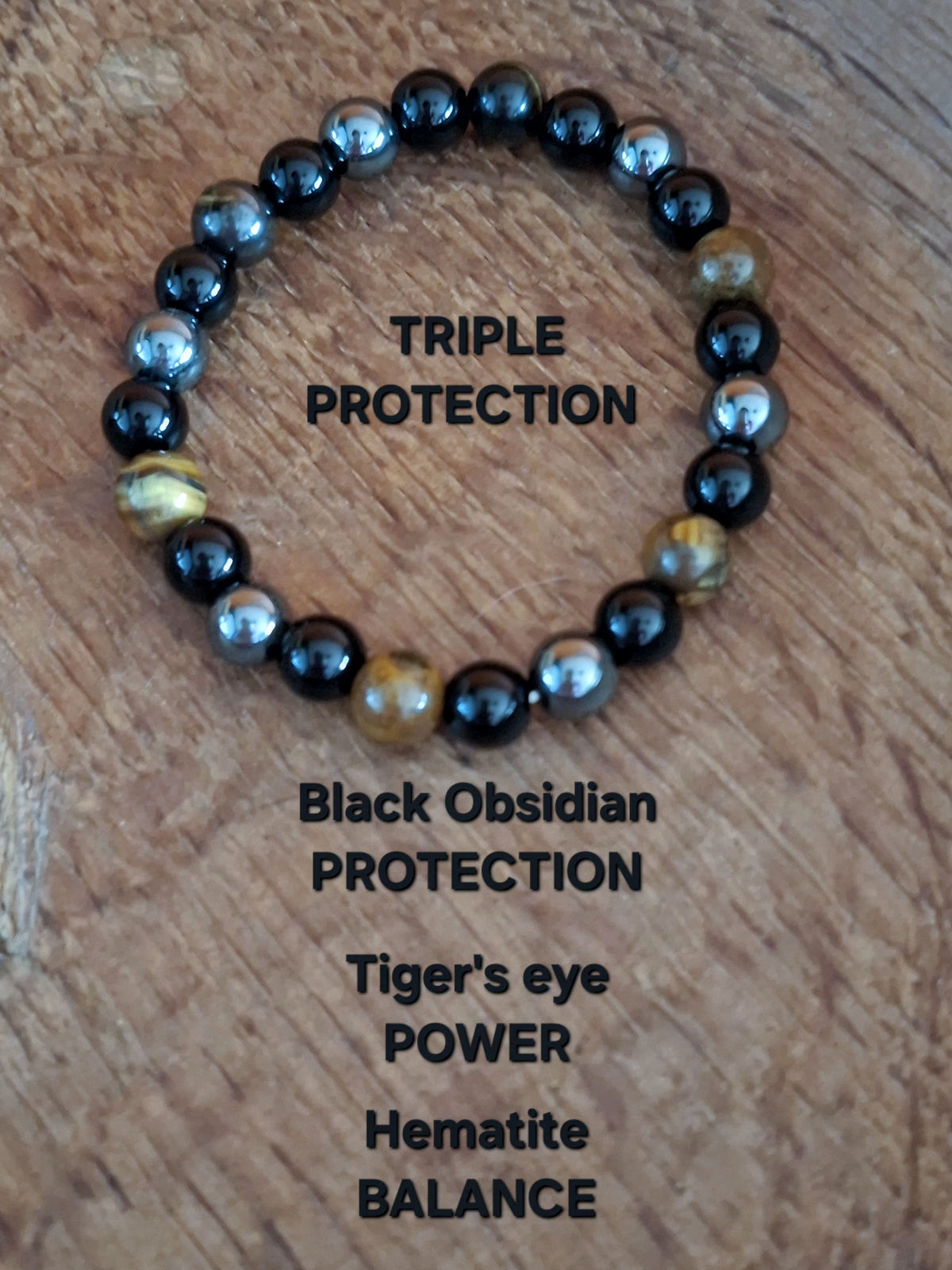 Black Obsidian, Tiger Eye and Hematite Natural Stone Triple Protection Bracelet