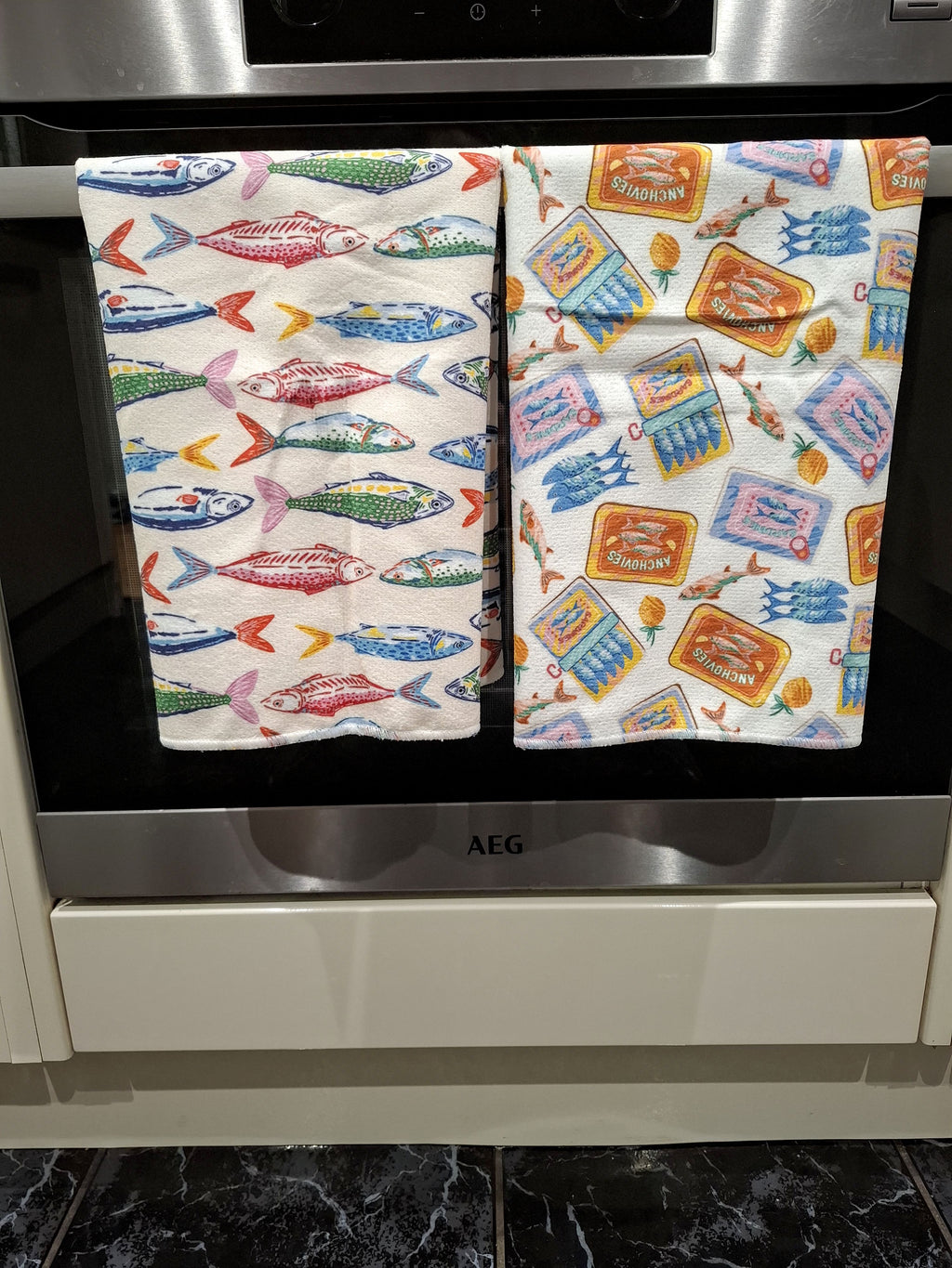 Colourful Anchovy & Sardine Tin Design Microfibre Tea Towels 2 Pack 40x60cm