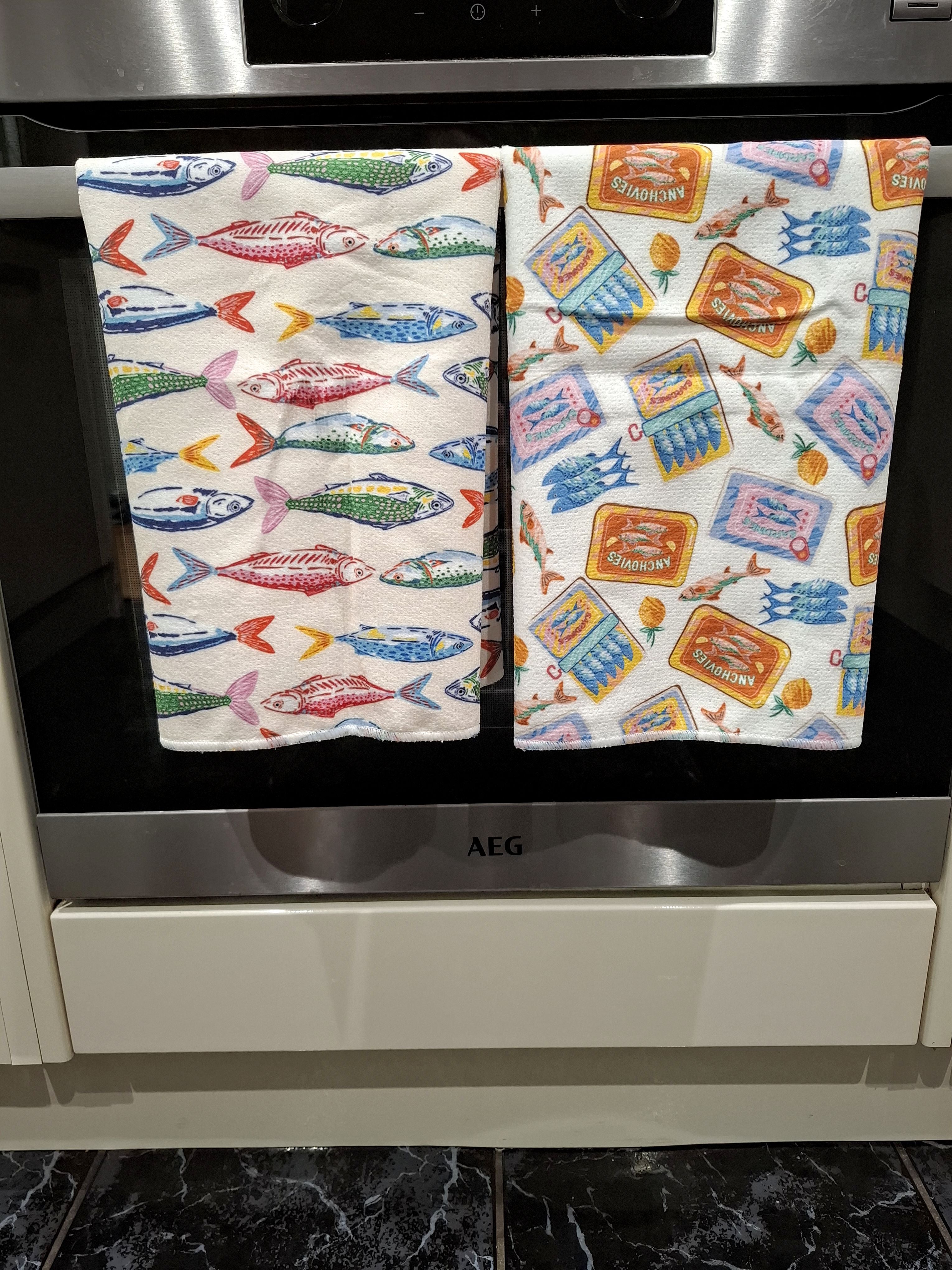 Colourful Anchovy & Sardine Tin Design Microfibre Tea Towels 2 Pack 40x60cm
