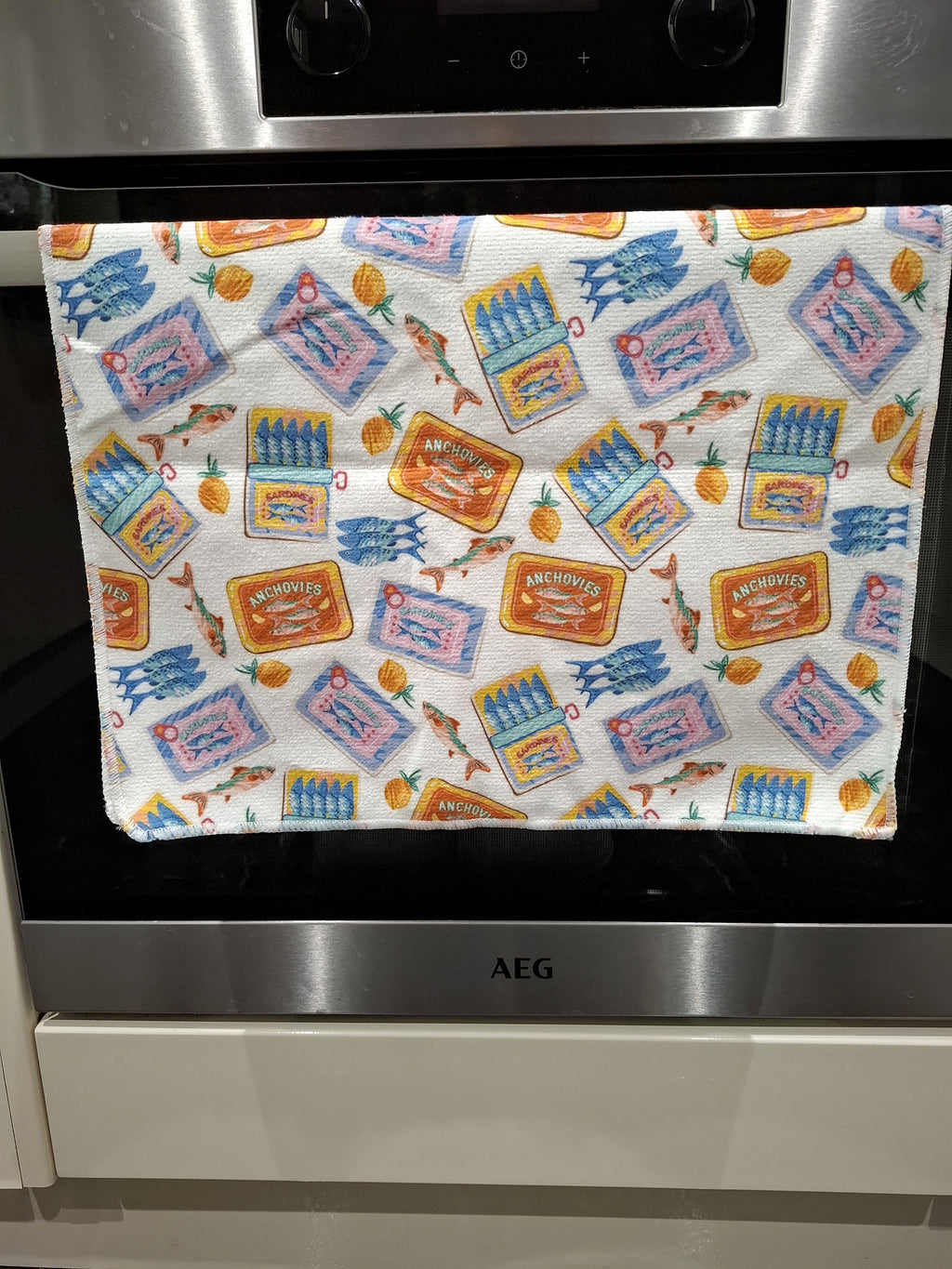 Colourful Anchovy & Sardine Tin Design Microfibre Tea Towels 2 Pack 40x60cm