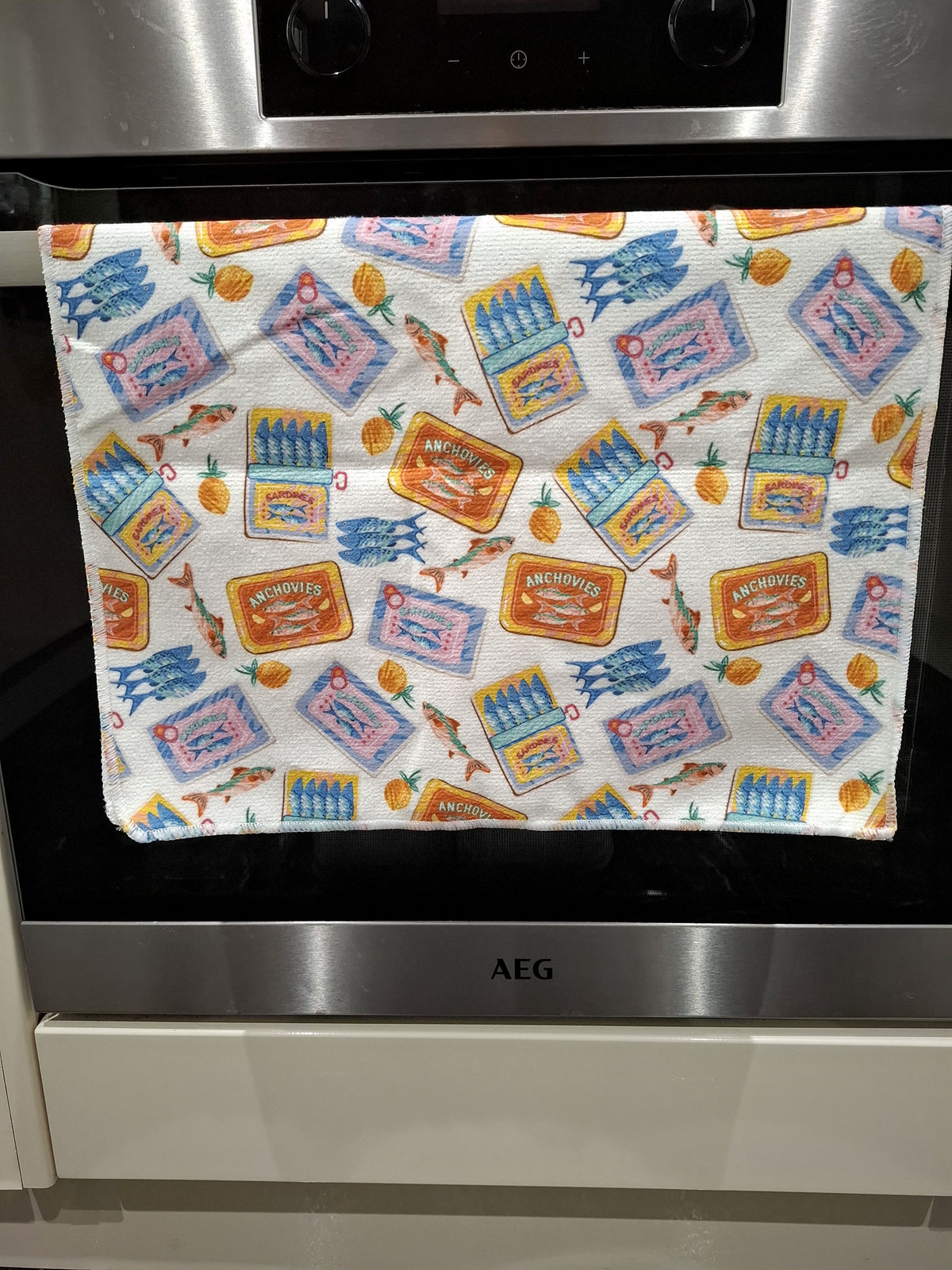 Colourful Anchovy & Sardine Tin Design Microfibre Tea Towels 2 Pack 40x60cm