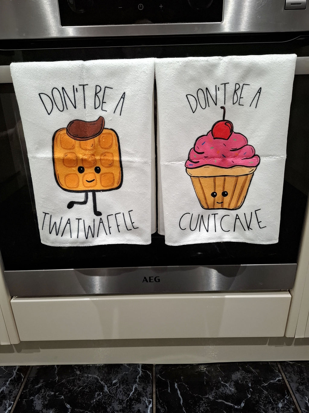 Funny Waffle & Cupcake Theme Microfibre Tea Towels 2 Pack 40x60cm