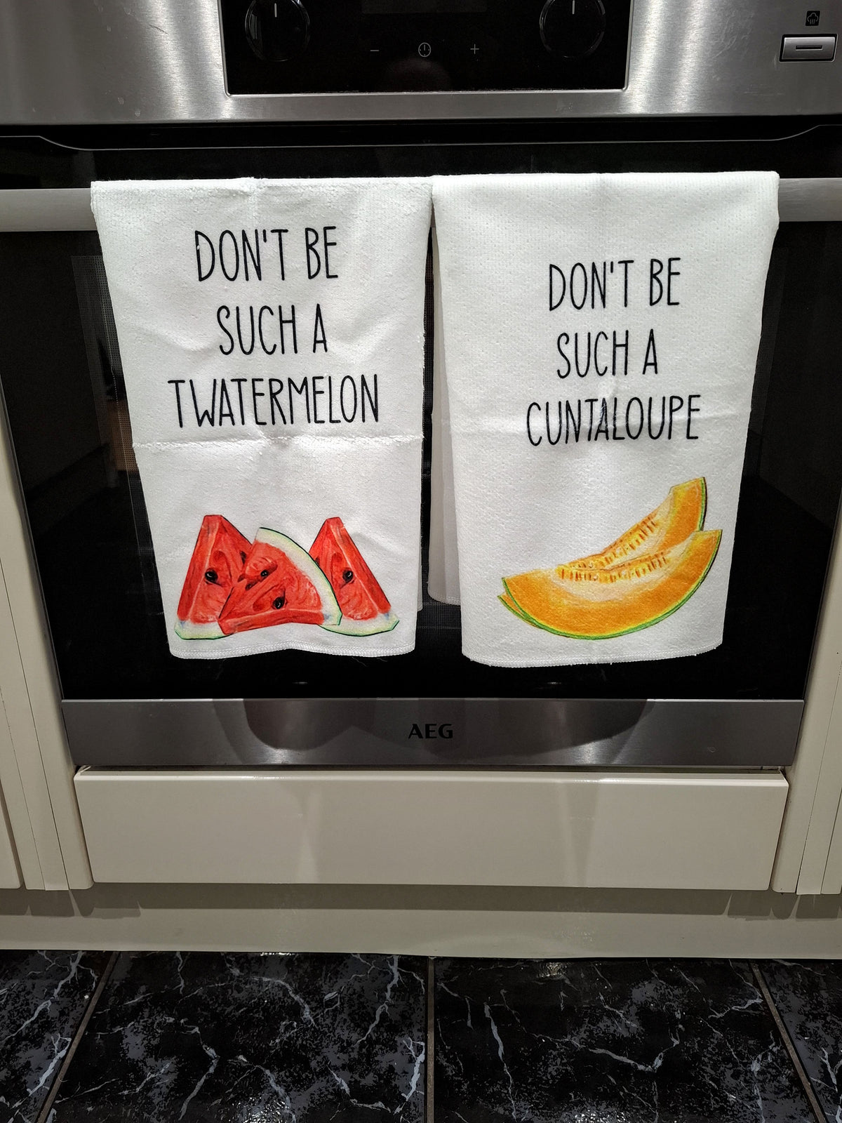 Funny Watermelon & Cantaloupe Theme Microfibre Tea Towels 2 Pack 40x60cm