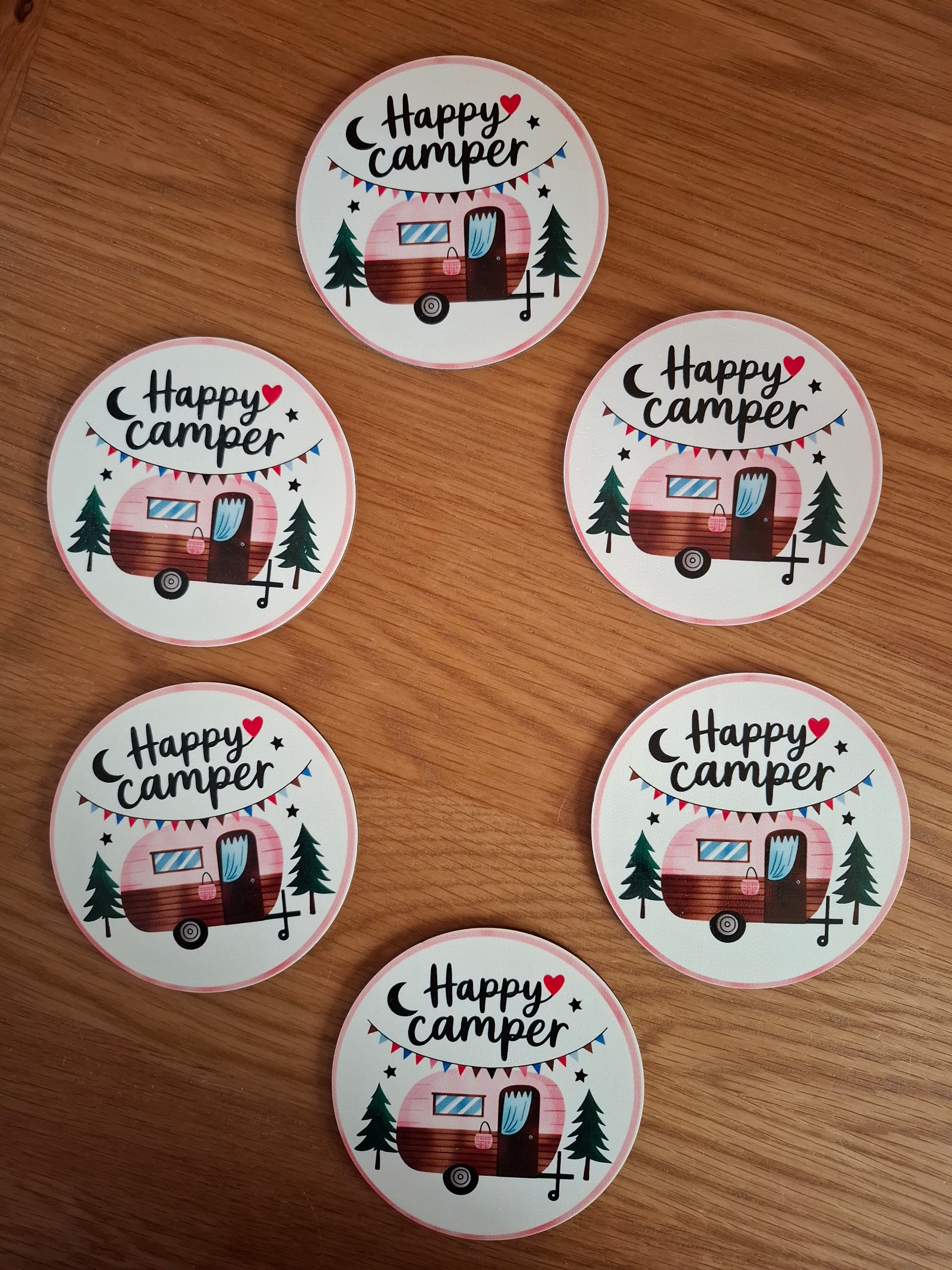 Happy Camper Gift – Wooden Coaster Set of 6 | Novelty Campervan Home Accessory