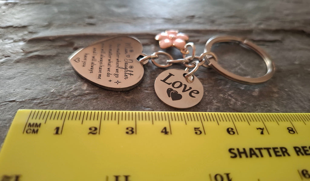 Mum Daughter, No Matter Where We Go, No Matter What We Do You Will Always Have Me and I Will Always Have You Love Heart Shaped Keyring With a Flower and a Love Token Charm