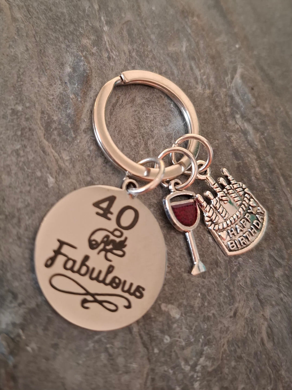 40 and Fabulous Keyring With a Wine Glass and Birthday Cake Charm