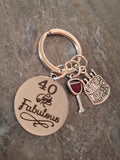 40 and Fabulous Keyring With a Wine Glass and Birthday Cake Charm