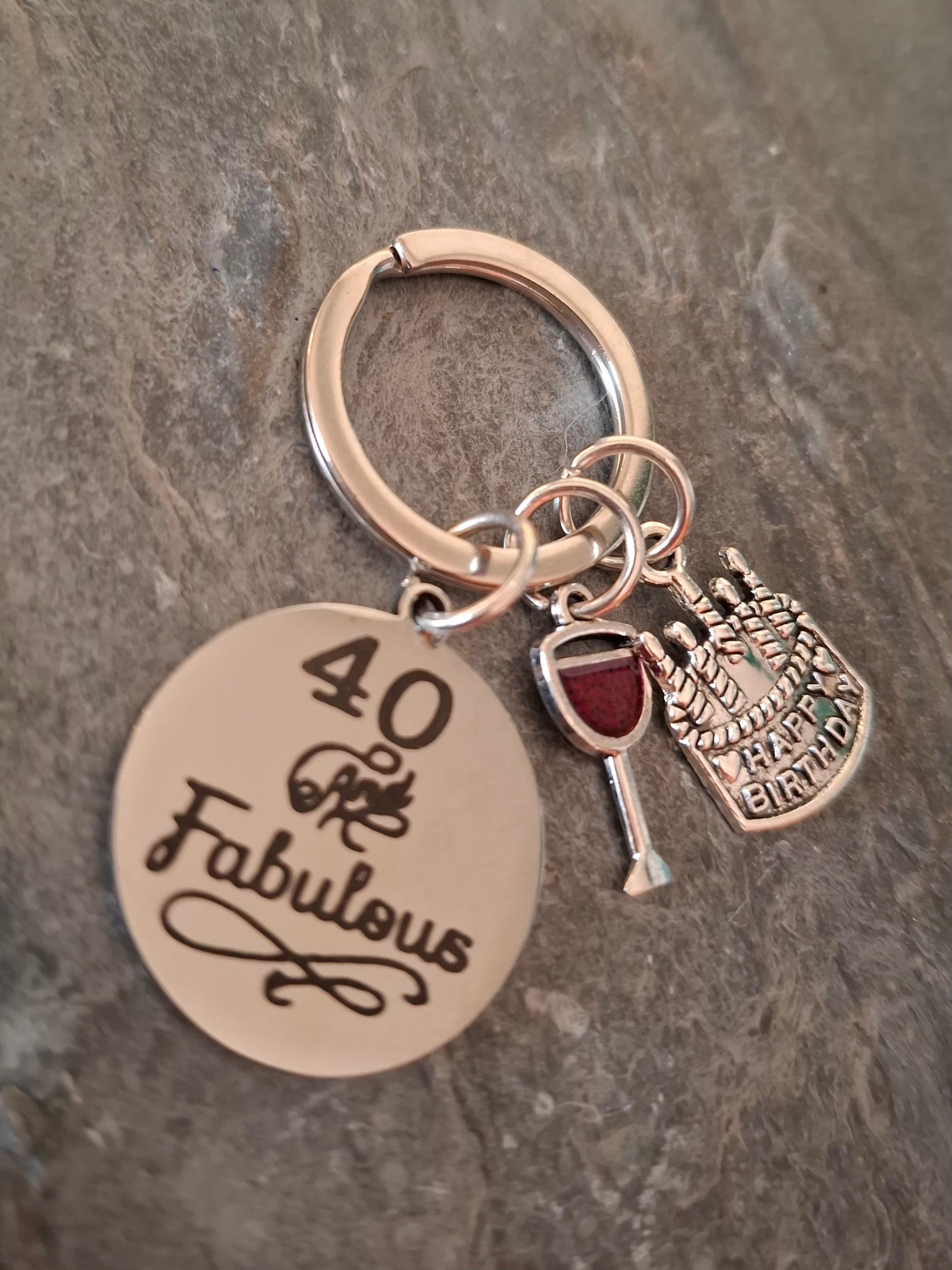40 and Fabulous Keyring With a Wine Glass and Birthday Cake Charm
