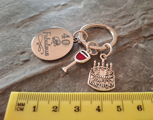 40 and Fabulous Keyring With a Wine Glass and Birthday Cake Charm