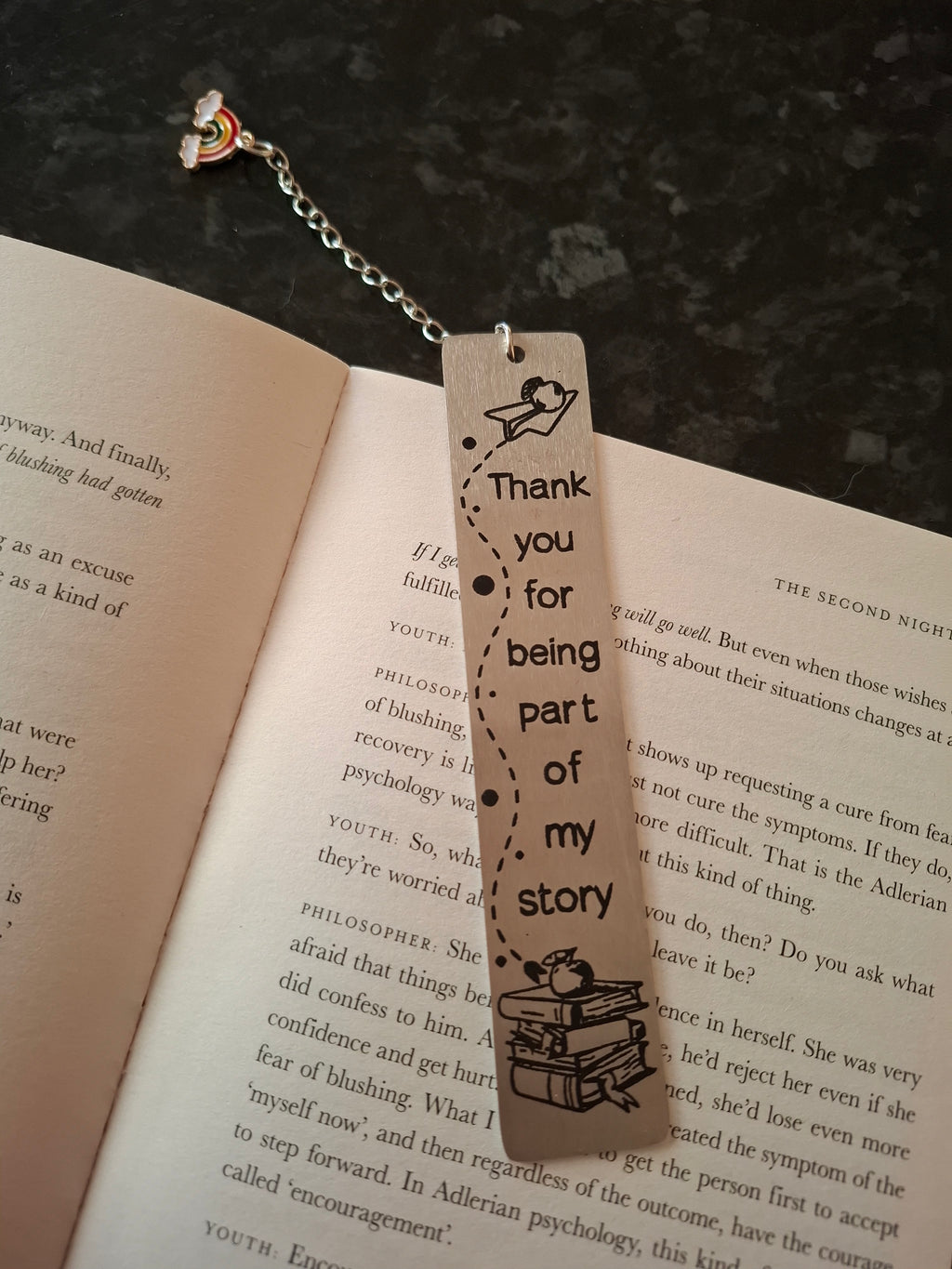 Thank You for Being Part of My Story Silver Bookmark with Rainbow Charm