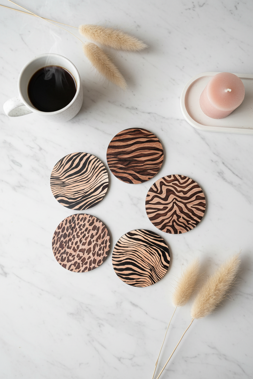 Animal print wooden coaster set styled on marble with coffee mug and pink candle