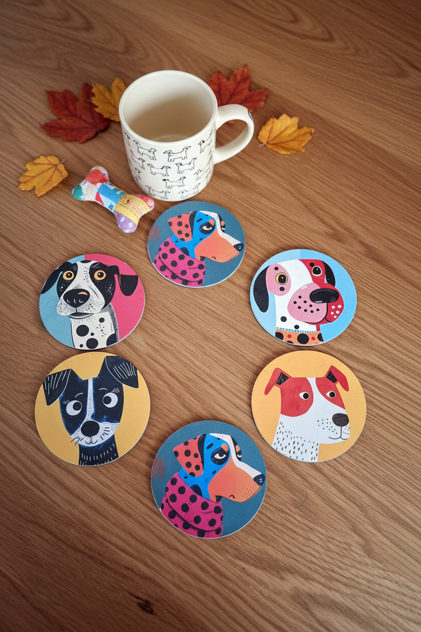 Colourful dog design wooden coaster set styled on warm wood with dog mug and autumn leaves